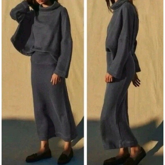 Free People Milley Reversible Set Fleece Midi Skirt Set Small Gray Womens New - Picture 1 of 15
